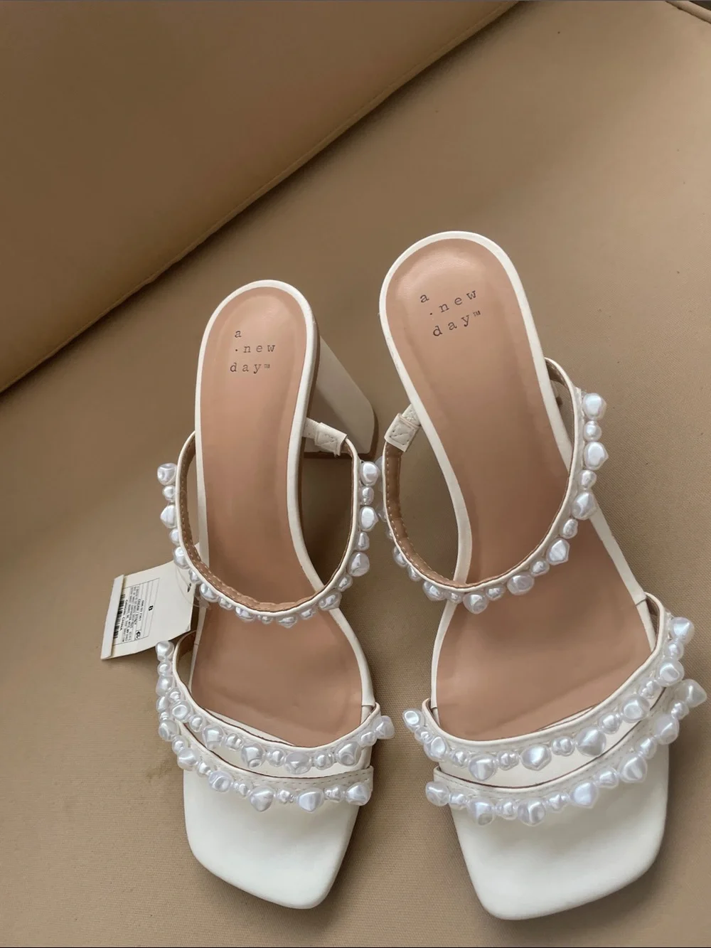 a new day Pearl-Embellished Cream Strappy Mules